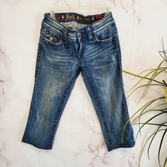 Rock Revival Blue Distressed Embroidered Capri Jeans - Picture 3 of 6